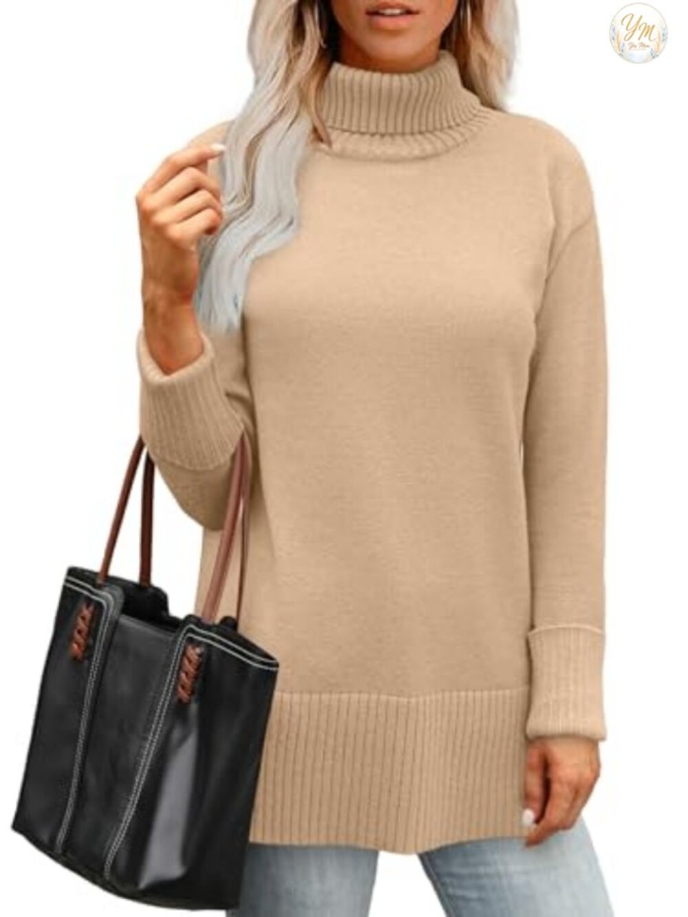 Oversized Turtleneck Sweater, Side Split Tunic, Drop Shoulder, Knit Pullover